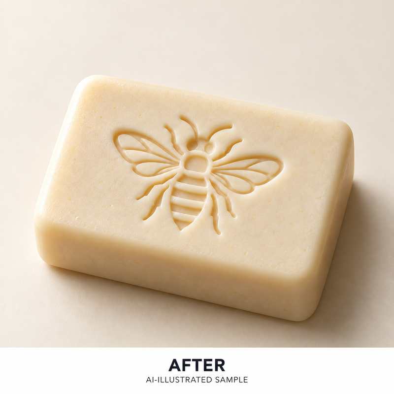 AI-illustrated AFTER application example for Meadow Bee 01 Soap Stamp. Not an actual product photograph.