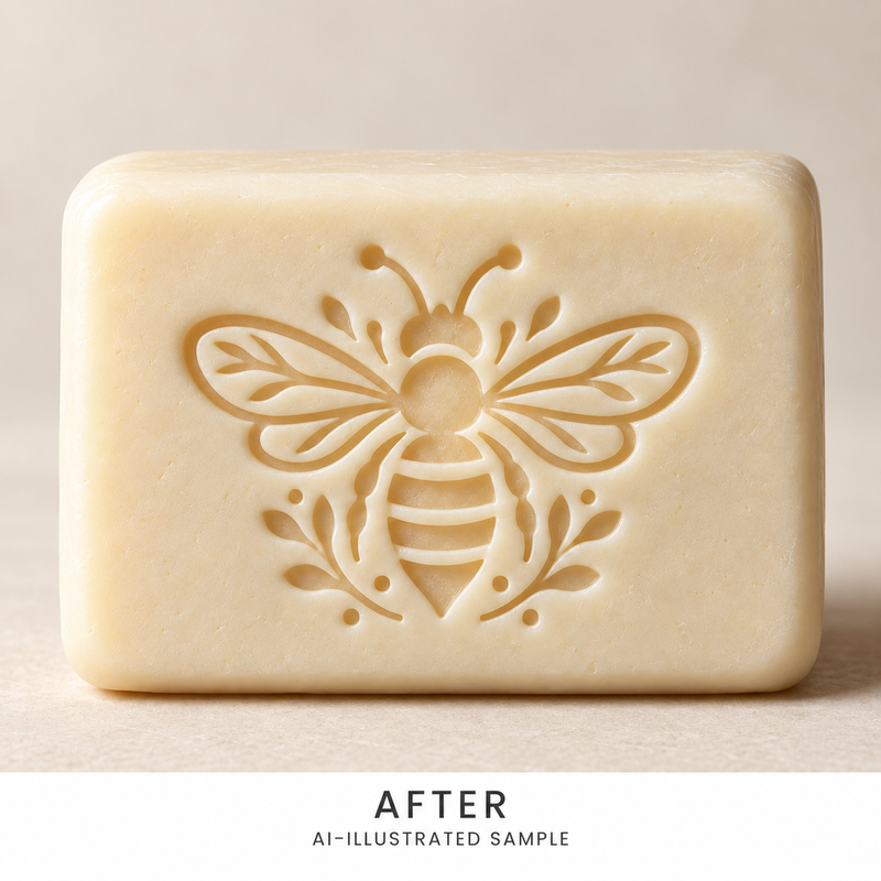 AI-illustrated AFTER application example for Meadow Bee 03 Soap Stamp. Not an actual product photograph.