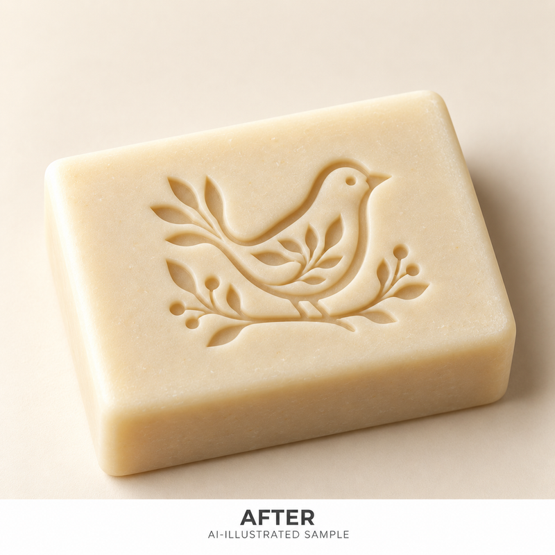 AI-illustrated AFTER application example for Little Bird 02 Soap Stamp. Not an actual product photograph.