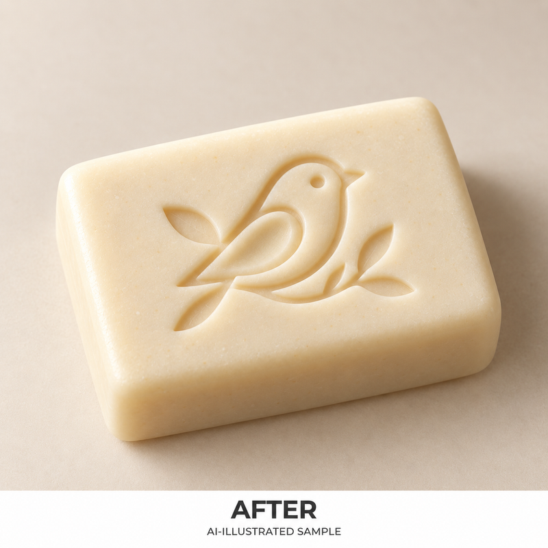 AI-illustrated AFTER application example for Little Bird 03 Soap Stamp. Not an actual product photograph.