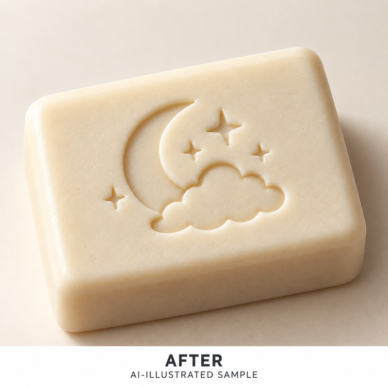 AI-illustrated AFTER application example for Night Sky Trio Soap Stamp. Not an actual product photograph.
