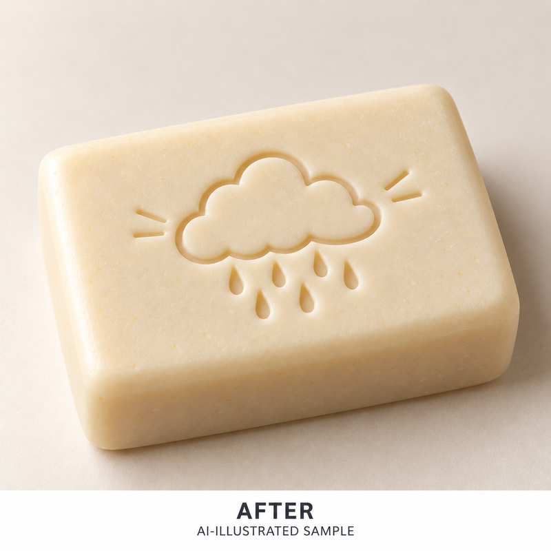AI-illustrated AFTER application example for Passing Shower Soap Stamp. Not an actual product photograph.