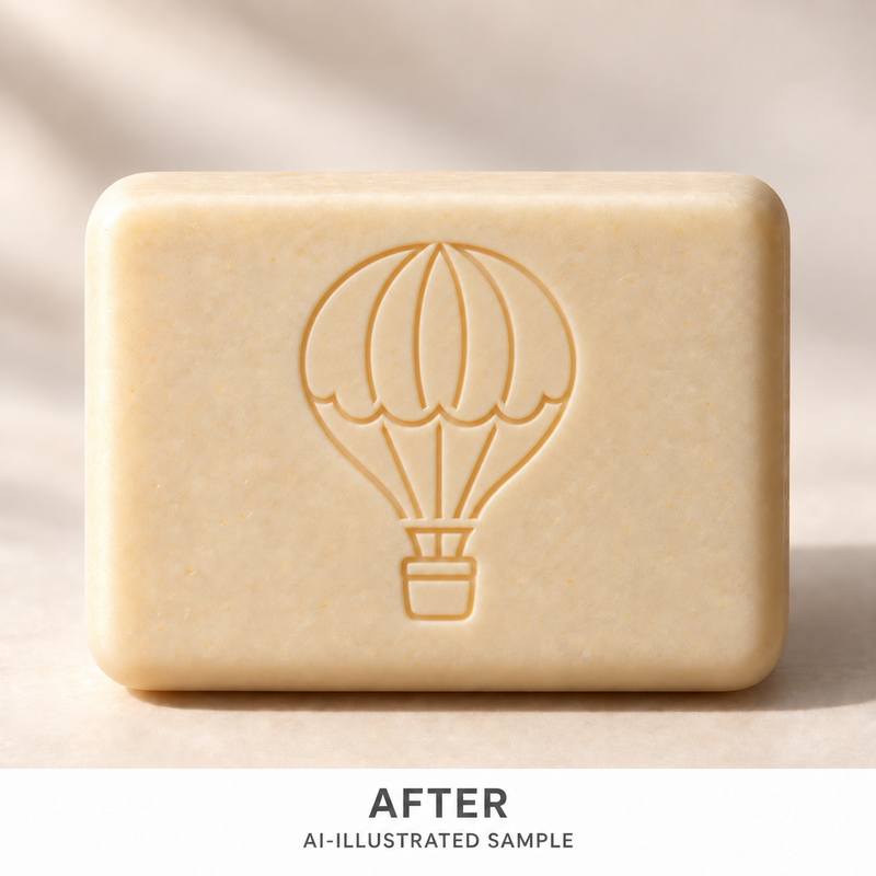 AI-illustrated AFTER application example for Balloon Journey 02 Soap Stamp. Not an actual product photograph.