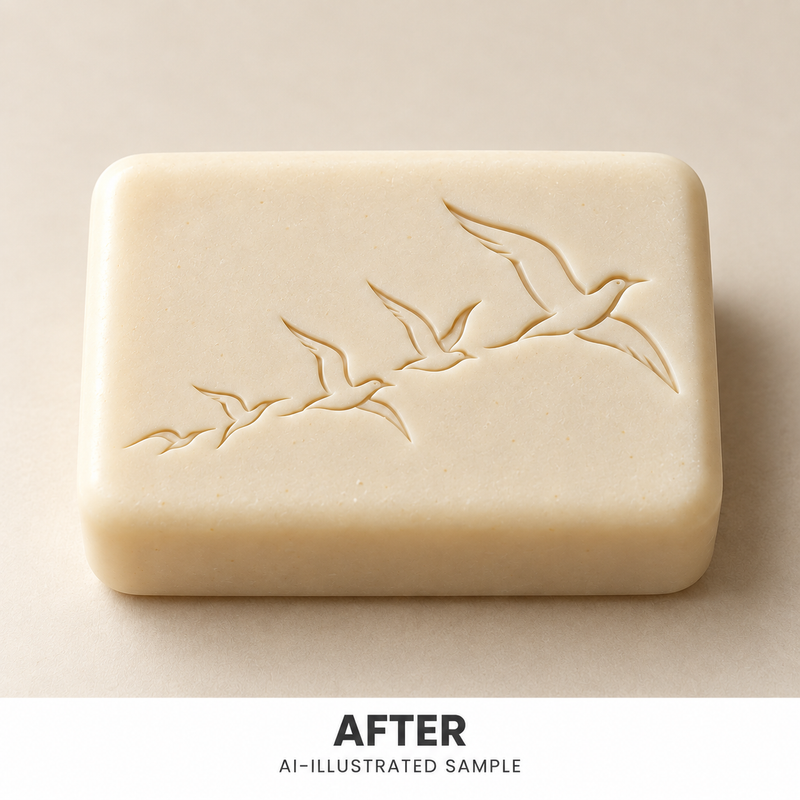 AI-illustrated AFTER application example for Sky Flock 02 Soap Stamp. Not an actual product photograph.