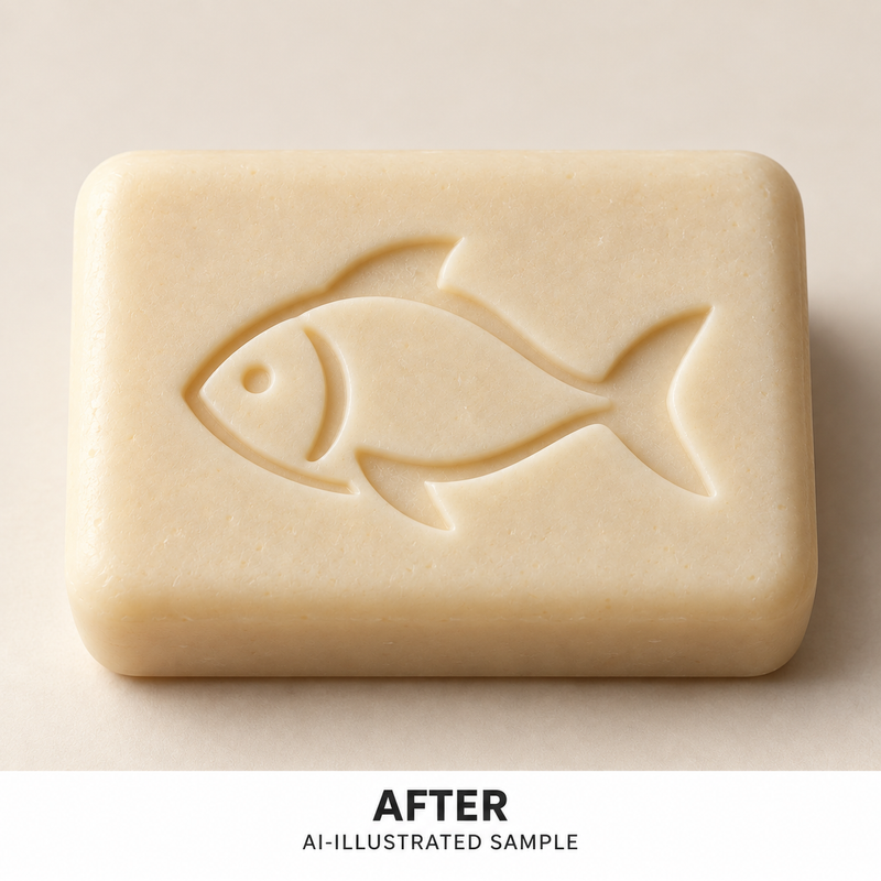 AI-illustrated AFTER application example for Ocean Fish 03 Soap Stamp. Not an actual product photograph.