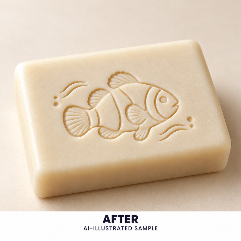 AI-illustrated AFTER application example for Reef Clownfish Soap Stamp. Not an actual product photograph.