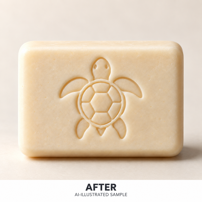 AI-illustrated AFTER application example for Sea Turtle 01 Soap Stamp. Not an actual product photograph.
