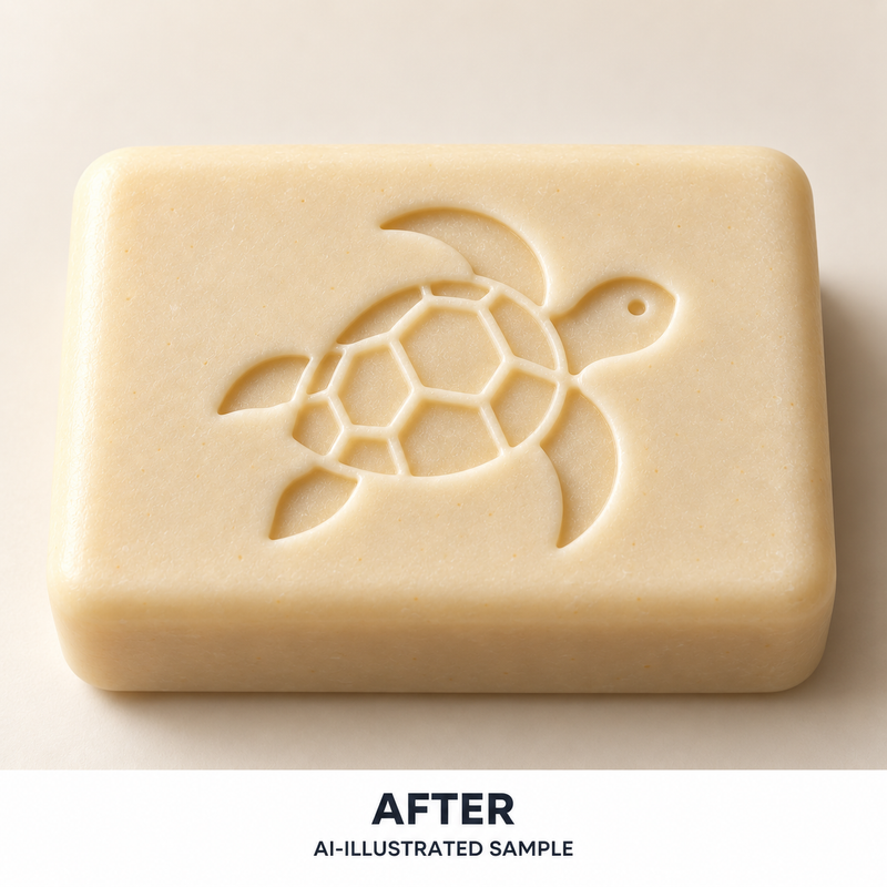 AI-illustrated AFTER application example for Sea Turtle 03 Soap Stamp. Not an actual product photograph.