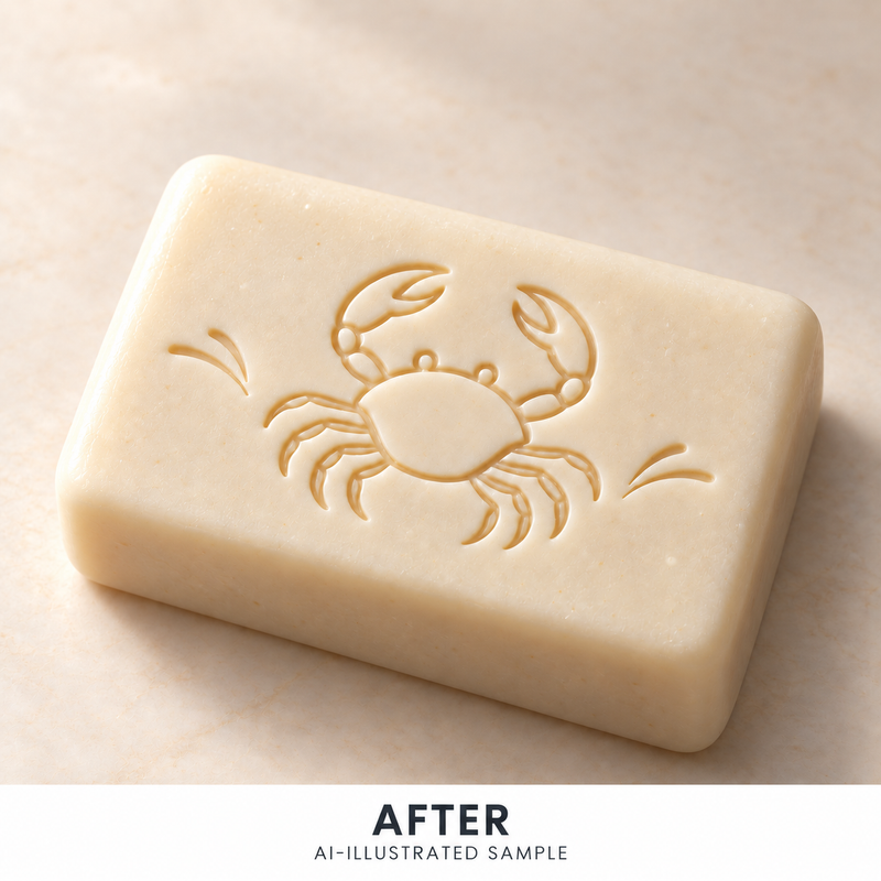 AI-illustrated AFTER application example for Coastal Crab 01 Soap Stamp. Not an actual product photograph.