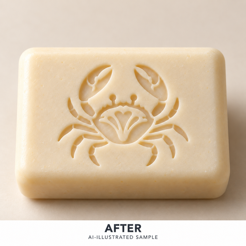 AI-illustrated AFTER application example for Coastal Crab 02 Soap Stamp. Not an actual product photograph.