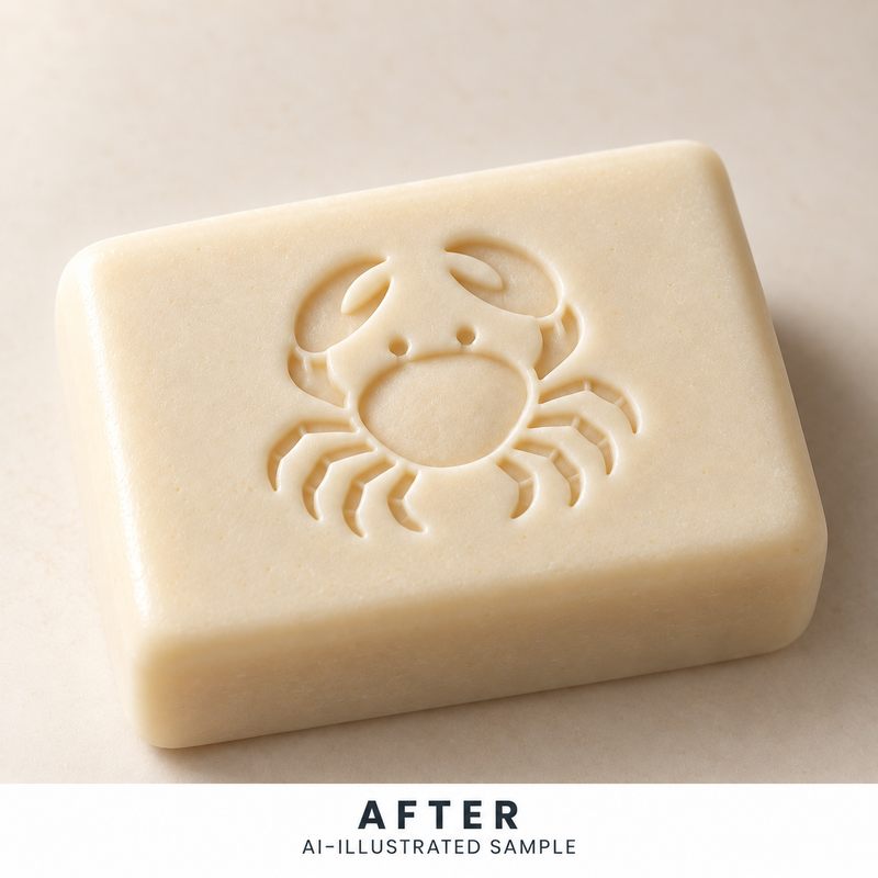 AI-illustrated AFTER application example for Coastal Crab 03 Soap Stamp. Not an actual product photograph.
