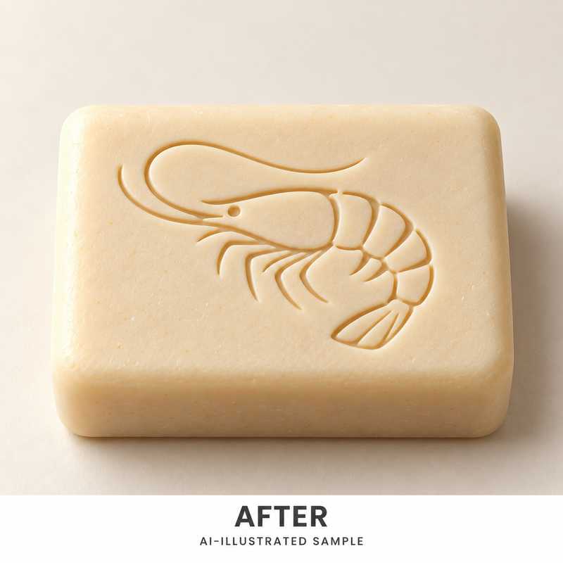 AI-illustrated AFTER application example for Reef Shrimp Soap Stamp. Not an actual product photograph.