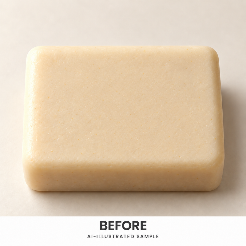 AI-illustrated BEFORE application example for Reef Shrimp Soap Stamp. Not an actual product photograph.
