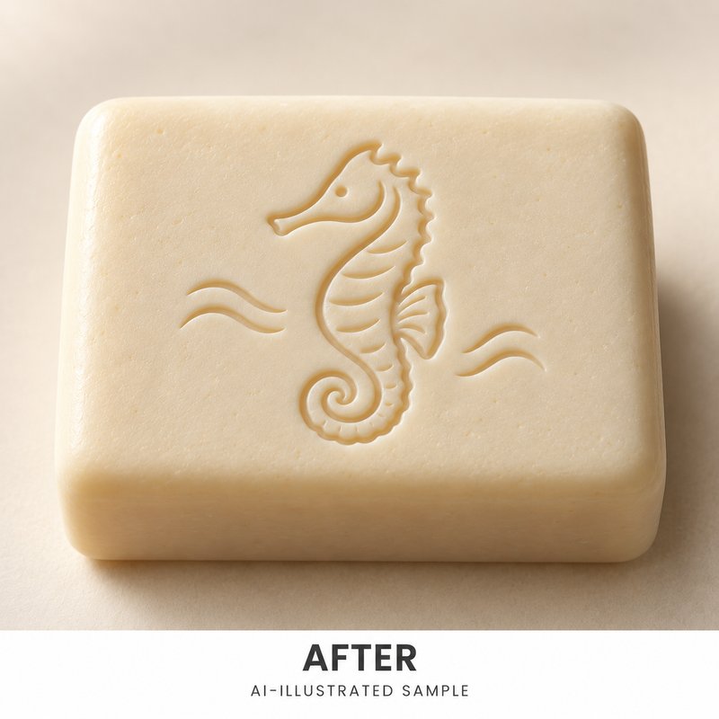 AI-illustrated AFTER application example for Tidal Seahorse Soap Stamp. Not an actual product photograph.
