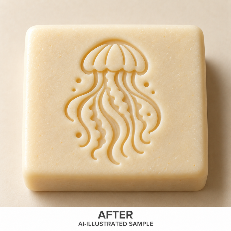 AI-illustrated AFTER application example for Drifting Jellyfish Soap Stamp. Not an actual product photograph.