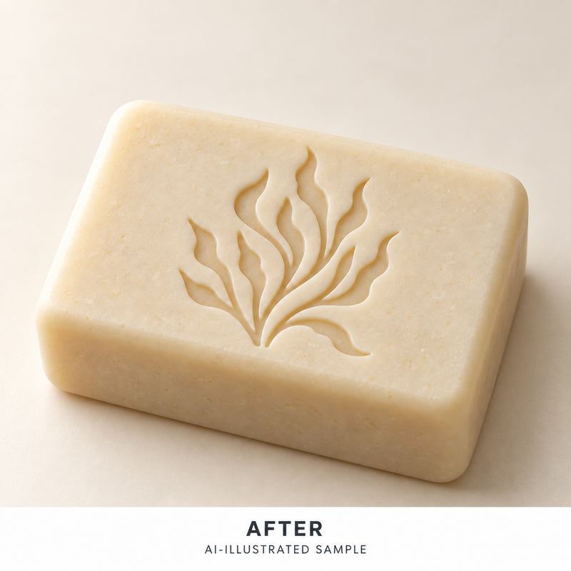 AI-illustrated AFTER application example for Ocean Fronds Soap Stamp. Not an actual product photograph.