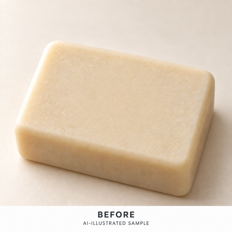 AI-illustrated BEFORE application example for Ocean Fronds Soap Stamp. Not an actual product photograph.