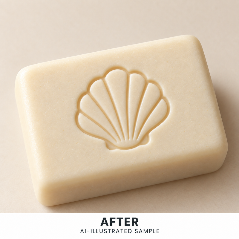 AI-illustrated AFTER application example for Shoreline Shell 01 Soap Stamp. Not an actual product photograph.