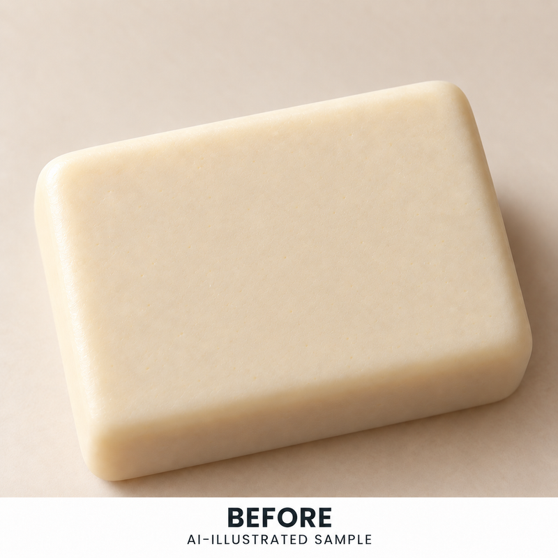 AI-illustrated BEFORE application example for Shoreline Shell 01 Soap Stamp. Not an actual product photograph.