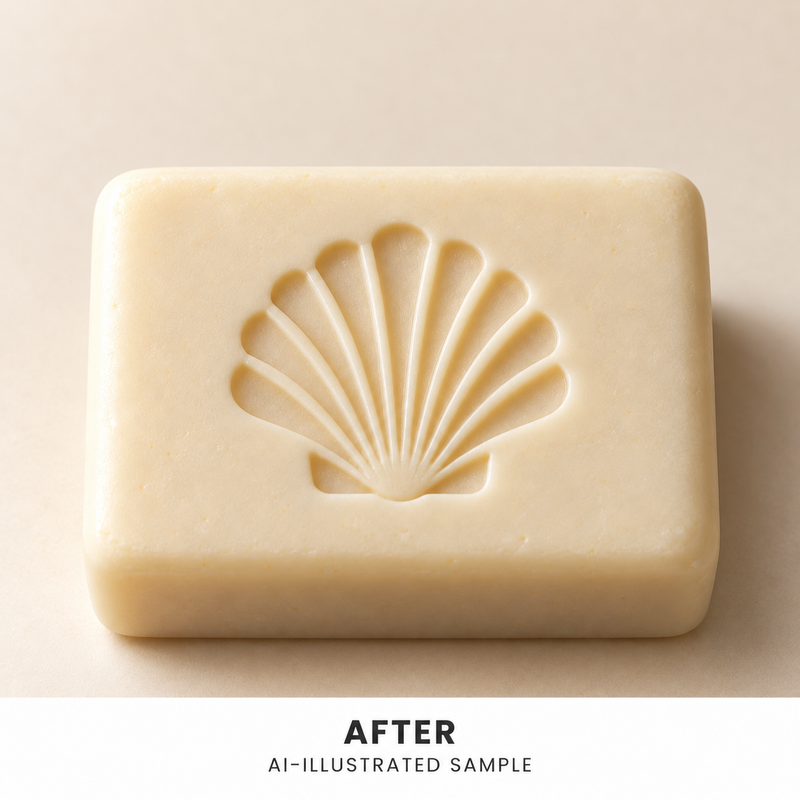 AI-illustrated AFTER application example for Shoreline Shell 02 Soap Stamp. Not an actual product photograph.