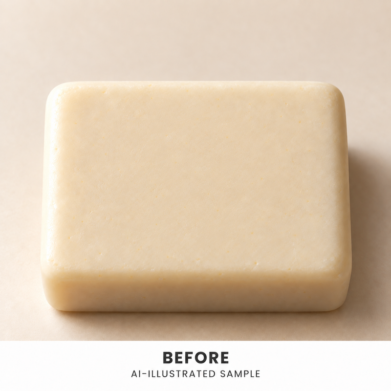 AI-illustrated BEFORE application example for Shoreline Shell 02 Soap Stamp. Not an actual product photograph.