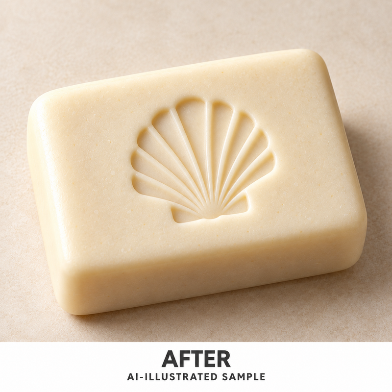 AI-illustrated AFTER application example for Shoreline Shell 03 Soap Stamp. Not an actual product photograph.