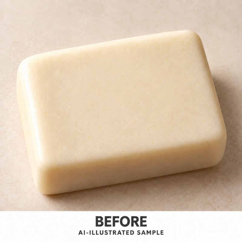 AI-illustrated BEFORE application example for Shoreline Shell 03 Soap Stamp. Not an actual product photograph.