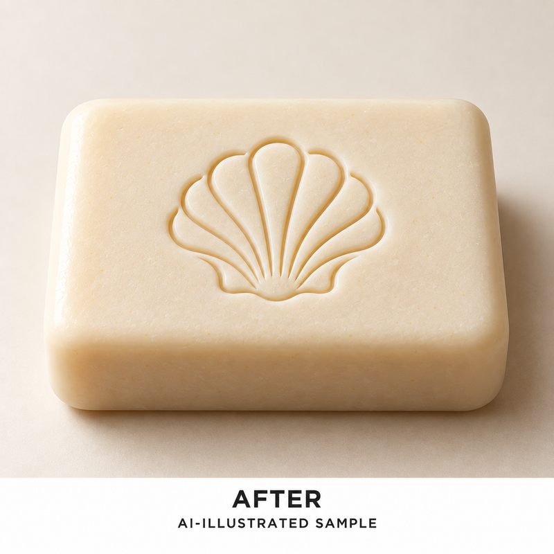 AI-illustrated AFTER application example for Shoreline Shell 04 Soap Stamp. Not an actual product photograph.