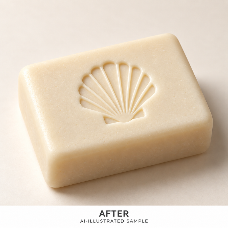 AI-illustrated AFTER application example for Shoreline Shell 05 Soap Stamp. Not an actual product photograph.