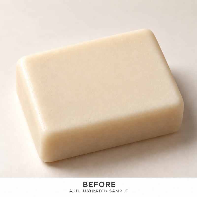 AI-illustrated BEFORE application example for Shoreline Shell 05 Soap Stamp. Not an actual product photograph.