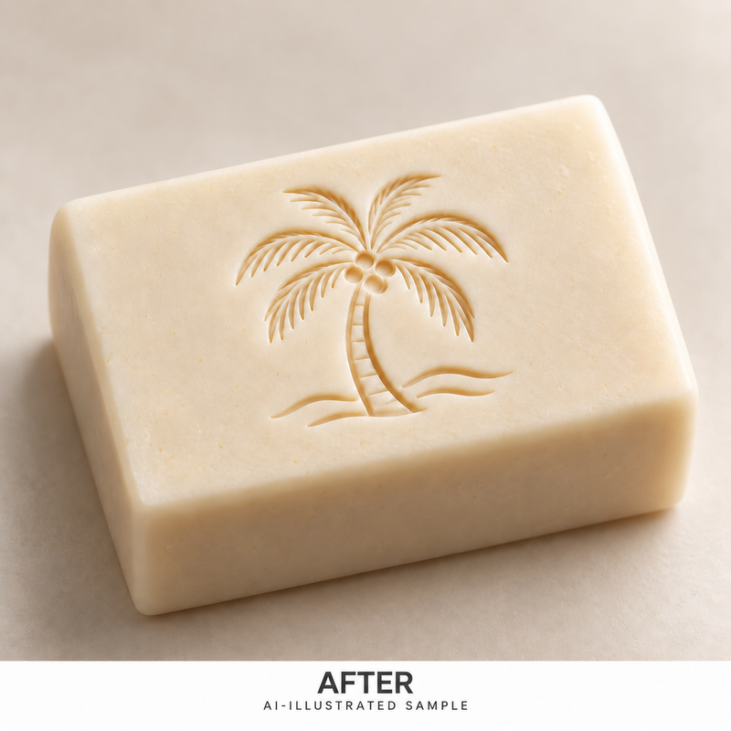 AI-illustrated AFTER application example for Island Palm 02 Soap Stamp. Not an actual product photograph.