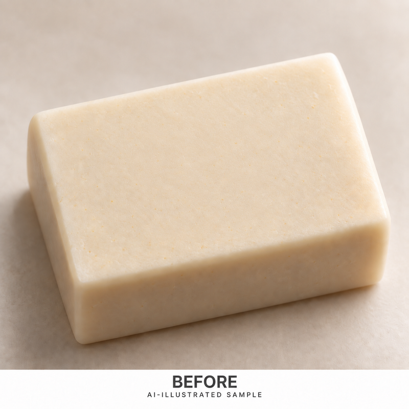 AI-illustrated BEFORE application example for Island Palm 02 Soap Stamp. Not an actual product photograph.