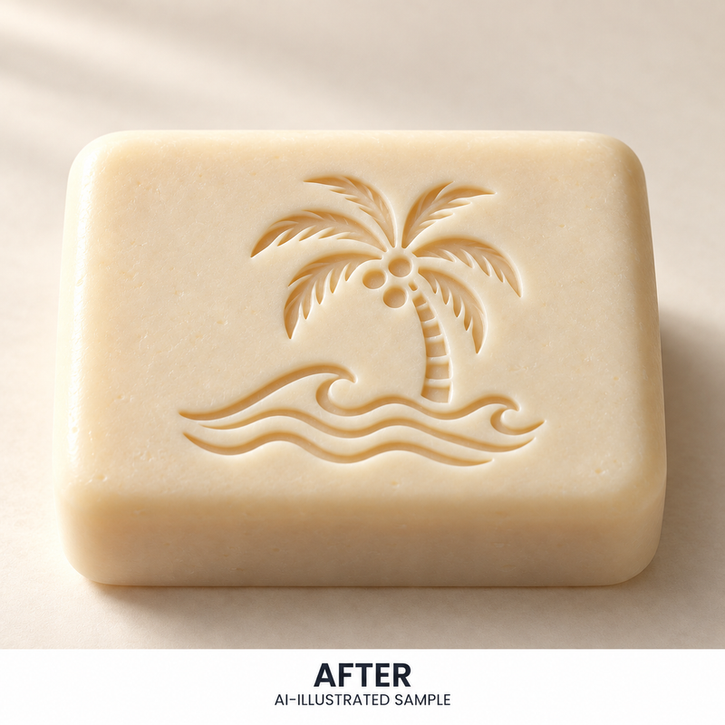 AI-illustrated AFTER application example for Island Tide Soap Stamp. Not an actual product photograph.