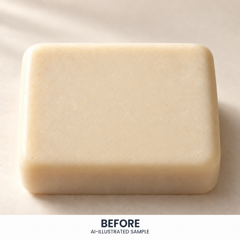 AI-illustrated BEFORE application example for Island Tide Soap Stamp. Not an actual product photograph.