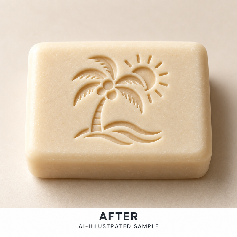 AI-illustrated AFTER application example for Island Sunshine Soap Stamp. Not an actual product photograph.