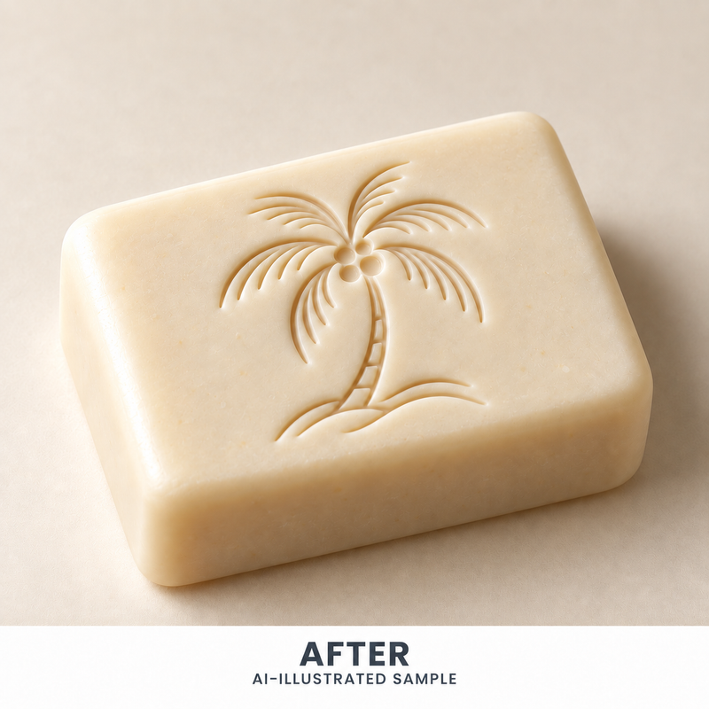 AI-illustrated AFTER application example for Island Palm 03 Soap Stamp. Not an actual product photograph.
