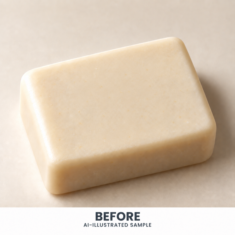 AI-illustrated BEFORE application example for Island Palm 03 Soap Stamp. Not an actual product photograph.