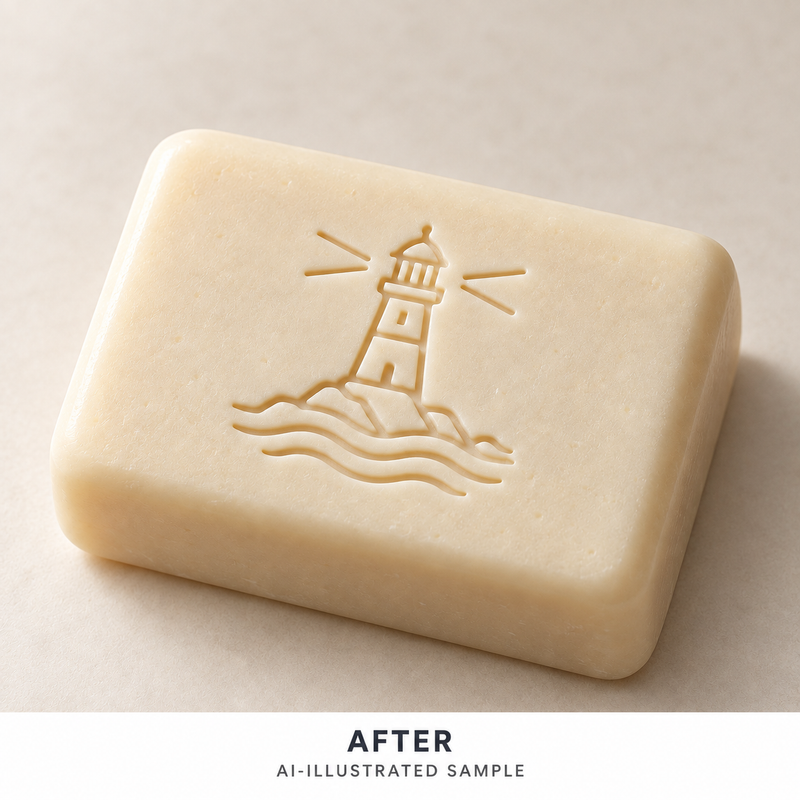 AI-illustrated AFTER application example for Coastal Beacon 02 Soap Stamp. Not an actual product photograph.
