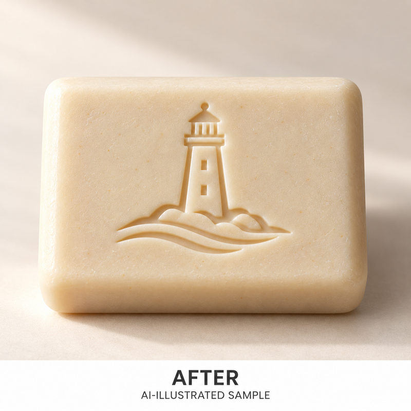 AI-illustrated AFTER application example for Coastal Beacon 01 Soap Stamp. Not an actual product photograph.