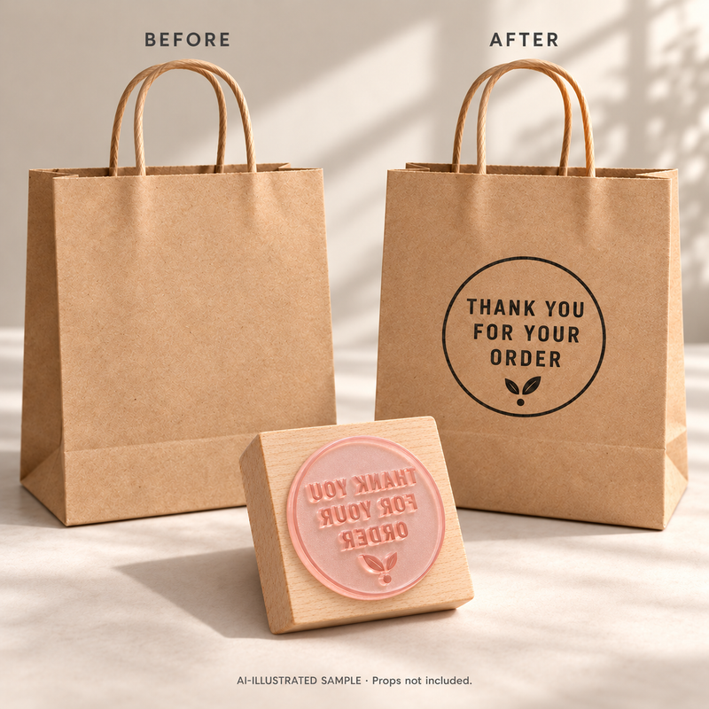 AI-illustrated before-and-after example for Order Appreciation Stamp 01: blank and stamped surfaces shown together with the stamp. Not an actual supplied-product photograph.