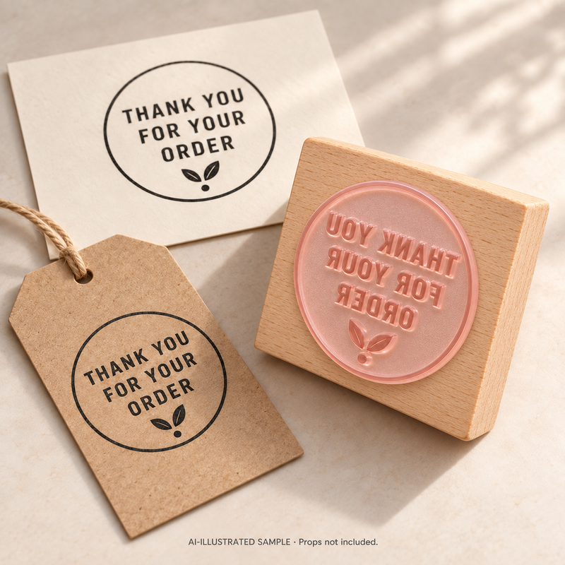 AI-illustrated detail of Order Appreciation Stamp 01 and its matching paper impression. Not an actual supplied-product photograph.