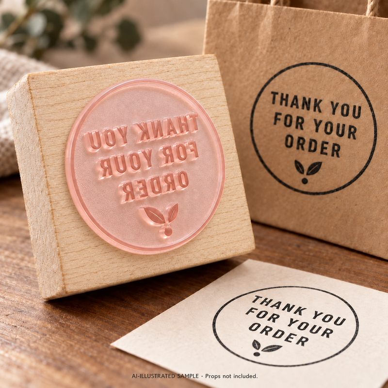 AI-illustrated sample of Order Appreciation Stamp 01: a physical stamp shown with a matching impression on paper or packaging. Not an actual supplied-product photograph. Props are not included.