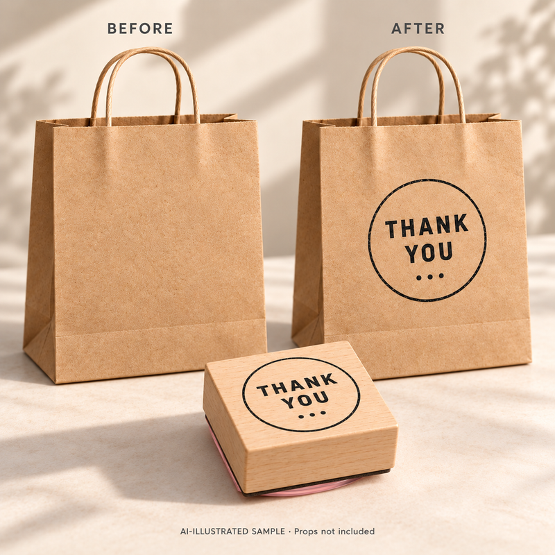 AI-illustrated before-and-after example for Simple Appreciation Stamp: blank and stamped surfaces shown together with the stamp. Not an actual supplied-product photograph.