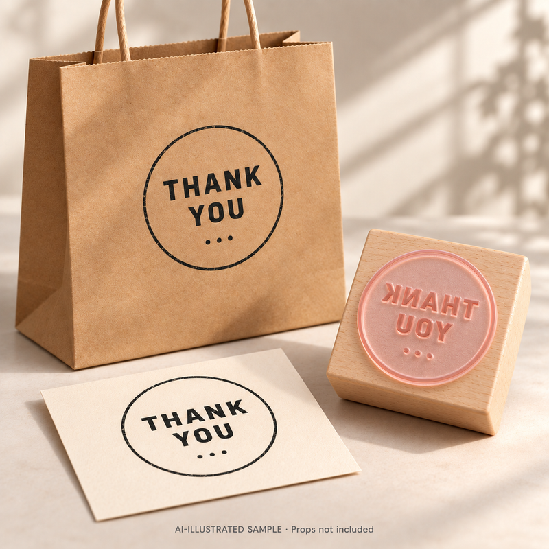 AI-illustrated sample of Simple Appreciation Stamp: a physical stamp shown with a matching impression on paper or packaging. Not an actual supplied-product photograph. Props are not included.