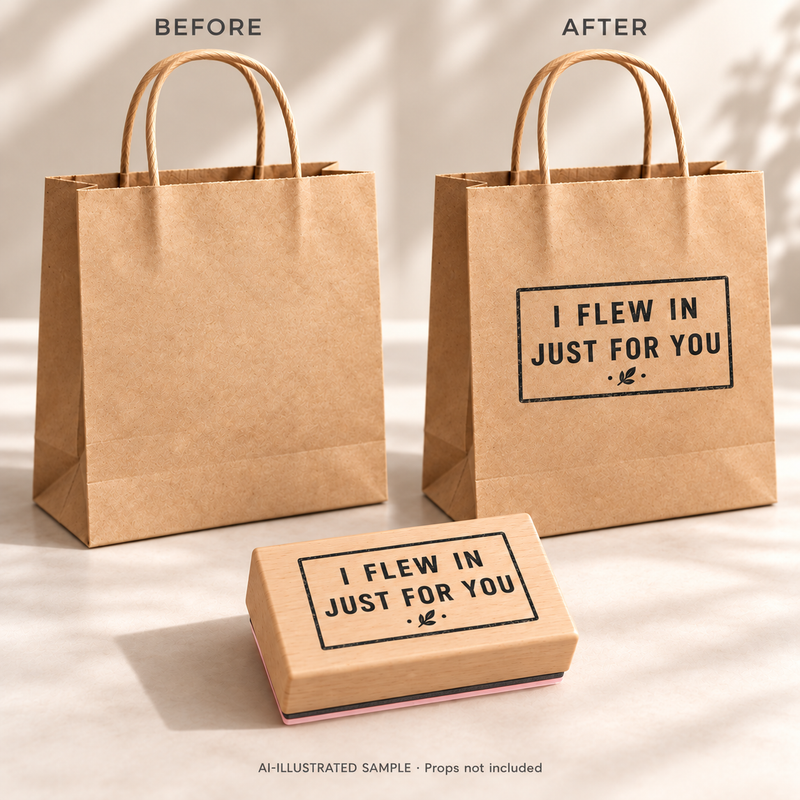 AI-illustrated before-and-after example for Special Delivery Greeting Stamp: blank and stamped surfaces shown together with the stamp. Not an actual supplied-product photograph.