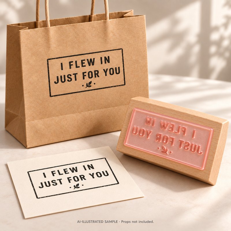 AI-illustrated sample of Special Delivery Greeting Stamp: a physical stamp shown with a matching impression on paper or packaging. Not an actual supplied-product photograph. Props are not included.