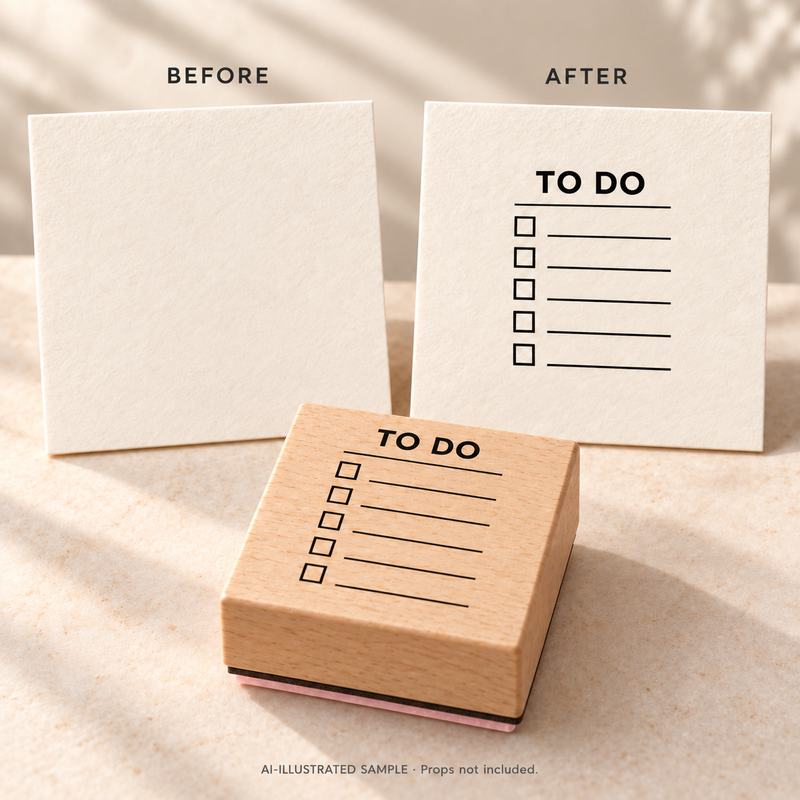 AI-illustrated before-and-after example for Daily Checklist Stamp: blank and stamped surfaces shown together with the stamp. Not an actual supplied-product photograph.