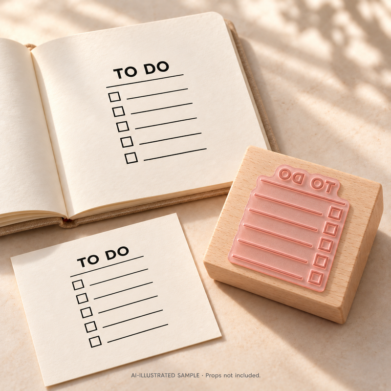 AI-illustrated sample of Daily Checklist Stamp: a physical stamp shown with a matching impression on paper or packaging. Not an actual supplied-product photograph. Props are not included.