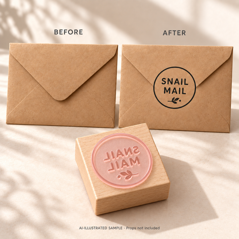 AI-illustrated before-and-after example for Slow Post Greeting Stamp: blank and stamped surfaces shown together with the stamp. Not an actual supplied-product photograph.