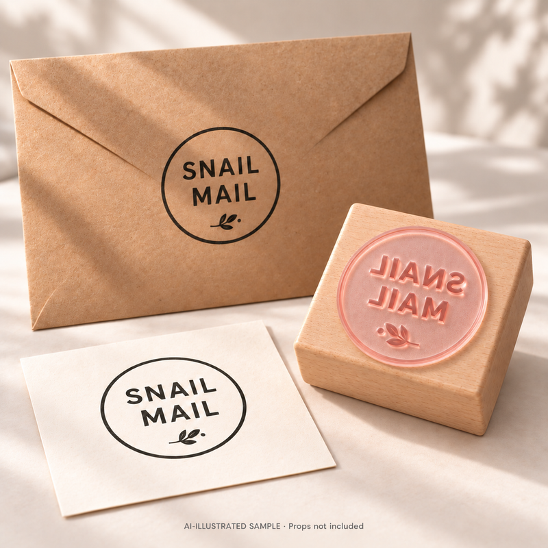 AI-illustrated sample of Slow Post Greeting Stamp: a physical stamp shown with a matching impression on paper or packaging. Not an actual supplied-product photograph. Props are not included.